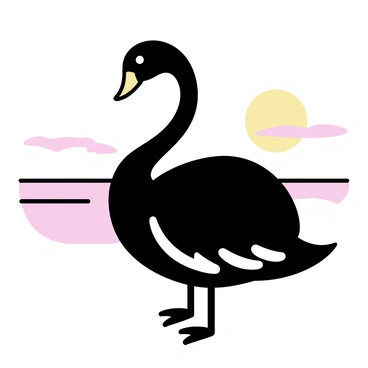 A black silhouette of a swan standing gracefully by the water's edge. The water reflects soft hues of orange and pink from the setting sun in the background. The sun is low on the horizon, casting a warm glow that outlines the swan's elegant shape. The scene is tranquil, with gentle ripples in the water surrounding the swan.