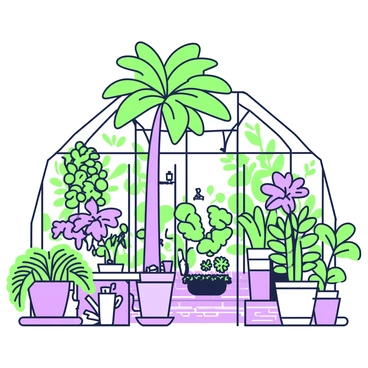 A greenhouse filled with various tropical plants and ferns arranged throughout. In the center, there is a tall palm tree with broad leaves reaching towards the glass ceiling. Surrounding the palm, multiple fern varieties display their intricate fronds, some cascading down from elevated pots. On the sides, vibrant flowering plants bloom in pots, showcasing their large, colorful petals. The light filters through the greenhouse, casting soft shadows on the brick floor. A table in one corner holds several smaller pots with seedlings, while a watering can rests beside them. The atmosphere appears lush and thriving, with greenery covering every available space.