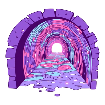 A tunnel with intricate patterns made of "swirling colors" and "light" stretches into the distance. The walls of the tunnel are a blend of vibrant hues, creating a mesmerizing effect. At the far end, there is a faint glow that hints at an "unknown realm" beyond, with soft radiance illuminating the swirling patterns. The perspective draws the viewer in, creating a sense of depth as they journey through the colorful passage.