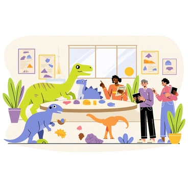 A lively club scene featuring dinosaurs and humans gathered around a large round table filled with various fossils and ancient artifacts. The dinosaurs include a bright green Tyrannosaurus Rex, a blue Triceratops with large horns, and a small orange Velociraptor, all animatedly engaging with the human members. The humans, a diverse group of three individuals with different hairstyles and clothing, are holding books and pointing at fossils. The walls of the club are decorated with posters of prehistoric landscapes and charts of dinosaur species. A large window shows a sunny day outside, and potted plants add a touch of greenery to the room.