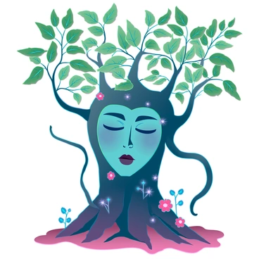 A face emerging from the earth, with features intricately composed of vibrant green leaves and twisting roots. The eyes are made of glossy, dark leaves that glisten in the light, while the mouth forms a subtle curve with slender vines. The texture of the face is rough, resembling the bark of a tree, blending seamlessly into the surrounding soil. Tiny flowers bloom around the edges, adding pops of color against the earthy tones. Sunlight filters through the canopy above, illuminating the face and casting gentle shadows on the ground.