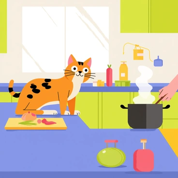 A mischievous Bengal cat with distinct spotted fur is perched on a bright blue countertop, intently watching its owner cook. The kitchen is filled with color, featuring green cabinets and yellow accents. Various ingredients, such as chopped vegetables and spices, are spread out on the countertop. The owner, a person wearing an apron, is stirring a pot on the stove, creating steam that rises into the air. Sunlight streams through a window, illuminating the scene and highlighting the cat's playful expression.