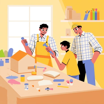 A father and child working together in a wooden workshop. The father, wearing a plaid shirt and safety goggles, holds a hammer while the child, wearing a bright yellow apron, carefully positions a piece of wood. The workbench is cluttered with tools like a saw, screws, and paint cans. A partially assembled birdhouse is in front of them, with the walls and roof visible. Sunlight streams through a window, casting a warm glow on the scene. In the background, there are shelves filled with wooden projects and colorful paintbrushes.
