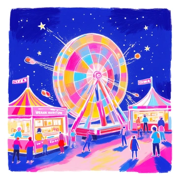 A thrilling carnival ride is illuminated at night, surrounded by a vibrant display of colorful lights. The ride is spinning rapidly, creating a dynamic blur of motion, while sparks fly from its machinery, adding to the sense of excitement. Nearby, the night sky is dotted with the glow of bright stars. The ground is lined with food stalls, and visitors can be seen enjoying treats like cotton candy and popcorn. A festive atmosphere envelops the scene, capturing the lively spirit of the carnival.