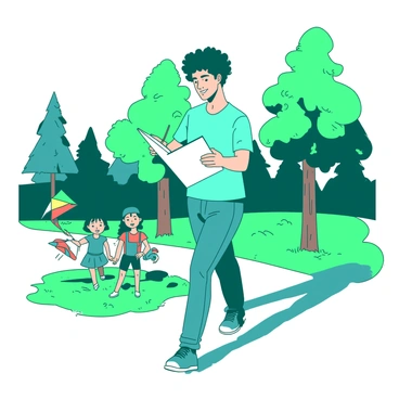 A teal art student is walking through a park, holding a white sketchbook in one hand. The student is wearing a light teal t-shirt and blue jeans. The park is filled with lush green grass and several trees in the background, their leaves gently swaying in the breeze. In front of the student, a small group of children are playing with a colorful kite, their laughter filling the air. The student has a focused expression while sketching, with a few loose sheets of white paper sticking out from the sketchbook.