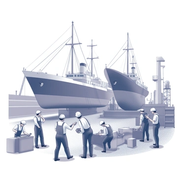 A dockyard scene filled with workers engaged in various tasks related to ship repair and maintenance. Several workers are seen using tools, such as wrenches and hammers, while others are inspecting ship hulls. A large ship is positioned in the background, partially lifted on a dry dock. Workers are wearing safety helmets and overalls, collaborating in groups to lift heavy equipment. Cranes are visible in the background, towering above the ships, while scaffolding surrounds the vessels. The atmosphere is bustling and industrious, reflecting the hard work being done in the dockyard.