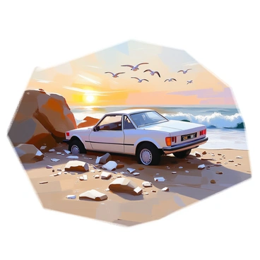 A car crashed near a sandy beach with ocean waves in the background