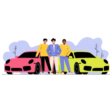 A group of four friends standing together, smiling and posing with their colorful Porsches at a car meet-up. Each Porsche is a different vibrant color: one is bright red, another is electric blue, the third is a sunny yellow, and the fourth is a sleek green. The friends are wearing casual clothing, with two of them leaning against their cars while the others stand in front, showcasing their vehicles. The background features a clear blue sky and a few trees, adding a lively atmosphere to the scene.