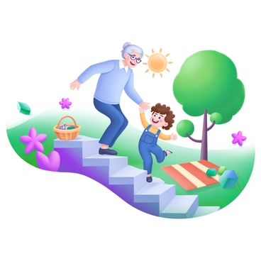 A grandparent with silver hair wearing a light blue sweater is playfully stepping up a set of stone steps in a sunny park. The grandchild, a young child with curly brown hair, is joyfully following close behind, wearing a bright yellow shirt and denim overalls. Surrounding them are lush green trees and colorful flowers blooming in shades of pink and purple. The sun casts soft shadows on the ground, creating a warm and inviting atmosphere. A picnic blanket with a basket can be seen in the background, hinting at a fun day spent outdoors.
