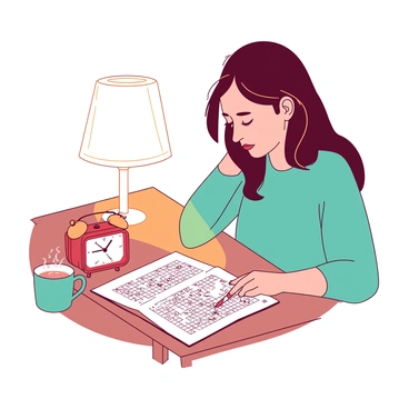 A white lamp is casting a warm glow over a wooden bedside table. A person with dark hair is focused on a crossword puzzle, pencil in hand, as they sit comfortably. The crossword puzzle is printed on a white sheet of paper, filled with black squares and letters. Next to the puzzle, there is a teal mug filled with steaming tea. A small red alarm clock is positioned on the table, displaying the time. The soft light from the lamp highlights the person's concentrated expression.