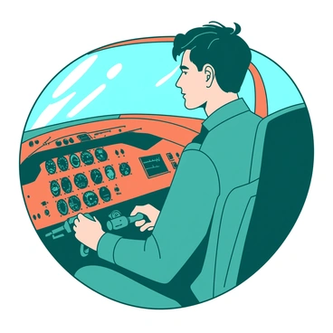 A teal pilot with a focused expression is confidently handling the controls in an orange airplane cockpit. The cockpit is filled with various instruments and dials, all clearly visible. The pilot's hands are firmly gripping the control yoke, while the dashboard displays an array of glowing gauges and switches. Bright sunlight filters through the cockpit windows, illuminating the pilot's uniform and the intricate details of the cockpit controls.