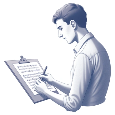 A side profile of a composer who is engrossed in studying sheet music. The composer has a thoughtful expression, with slightly furrowed brows and pursed lips, indicating deep concentration. Their hair is neatly styled, and they are wearing a formal shirt. The sheet music is placed on a music stand in front of them, filled with notes and markings. The background is minimal, allowing the focus to remain on the composer and the music. Their hand is poised above the sheet, suggesting they are about to write or make annotations.