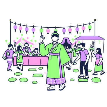 A Shugao figure is prominently featured among a lively festival scene. The Shugao figure is wearing a traditional costume adorned with intricate patterns. Surrounding the figure, there are various colorful lanterns hanging from strings above, illuminating the atmosphere. People in the background are engaged in festivities, with some dancing and others enjoying food from stalls. The ground is decorated with small mats and vibrant decorations, contributing to the festive ambiance. In the distance, a stage with performers can be seen, adding to the energetic environment.