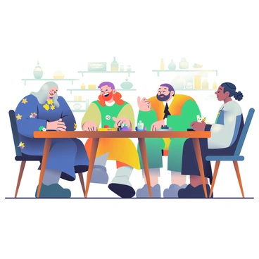 A group of four sorcerers is gathered around a large wooden table, engaging in a friendly game night. One sorcerer has long, flowing silver hair and is wearing a deep blue robe adorned with stars. They are rolling dice on the table, which is cluttered with colorful game pieces and miniature figures. A second sorcerer, with short purple hair and wearing a vibrant green tunic, is laughing and pointing at a card they just drew. The third sorcerer, sporting a fiery red beard and a golden cloak, is leaning back in their chair, a wide smile on their face. The fourth sorcerer, with braided black hair and wearing a shimmering silver cloak, is holding a paintbrush and a palette, suggesting they might have come from a paint night activity. In the background, shelves are lined with magical artifacts and glowing potions, creating an enchanting atmosphere for their gathering.