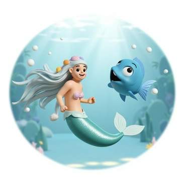 A playful mermaid with flowing long hair, adorned with colorful seashells, swims gracefully in a crystal-clear lagoon. She is wearing a shimmering green tail that glistens in the sunlight. Beside her, a friendly blue fish, with bright scales and big, expressive eyes, swims playfully, creating small ripples in the water. The lagoon is surrounded by lush, vibrant greenery, and rays of sunlight penetrate the water, illuminating the scene. Bubbles surround them as they move together, creating a sense of joy and liveliness in the underwater environment.