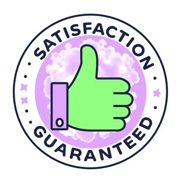 A badge icon is displayed in the center of the image. The badge is circular with a distinct border. Inside the badge, there is a prominent thumbs-up symbol positioned prominently. Above the thumbs-up, the words "Satisfaction Guaranteed" are written in a bold font, arching over the top of the icon. The background of the badge is detailed, enhancing the overall visibility of both the thumbs-up and the text.