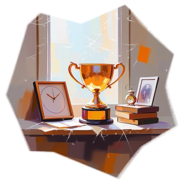 An old-fashioned trophy made of tarnished gold and featuring intricate engravings sits prominently on a wooden shelf in a dusty attic. The trophy is flanked by various antiques, including a vintage clock, a pair of worn leather books, and a faded photograph in an ornate frame. Cobwebs drape from the corners of the room, adding to the atmosphere of neglect. Dust motes float in the beams of light that filter through a small window, illuminating the scene with a soft glow.