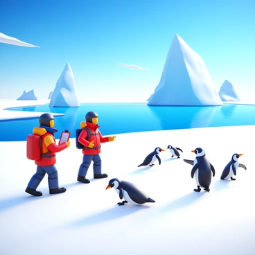 An expedition team in winter gear traversing a vast icy polar landscape. The team consists of three individuals, one holding a GPS device, another taking notes, and the third pointing towards a distant iceberg. Nearby, a group of penguins waddles across the snow, some diving into the icy water. Towering icebergs rise dramatically from the frozen surface, glistening under the bright sun. The sky is clear with a few wispy clouds, creating a stark contrast against the white snow and blue ice.