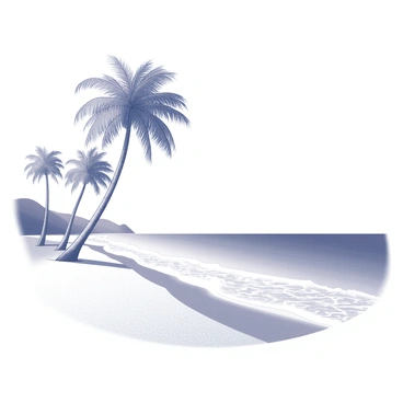 A tropical beach scene featuring a shoreline with fine, soft sand extending towards the water. Several tall palm trees are lined along the beach, their fronds swaying gently in the breeze. The water appears calm and clear, reflecting the sun above, creating gentle ripples. In the background, there is a distant horizon where the sky meets the ocean, enhancing the tranquil atmosphere of the beach environment.