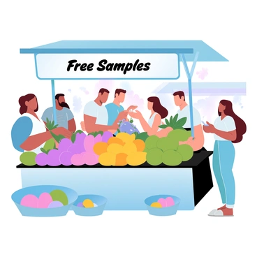 A market stall is filled with an array of exotic fruits, including bright dragon fruits, vibrant passion fruits, and golden mangos, all neatly arranged. A sign that reads "Free Samples" is prominently displayed on the stall. Curious shoppers are gathered around, some reaching out to taste the fruits, while others are engaged in conversation. Baskets filled with colorful fruits are placed beside the stall, and the backdrop shows a lively market scene with other stalls and shoppers in the distance.