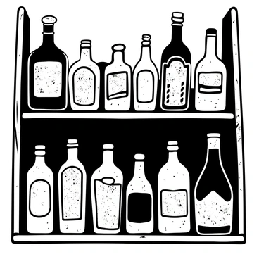 A collection of "dusty vintage wine bottles" arranged neatly on "wooden shelves." The bottles vary in shape and size, showcasing intricate, weathered labels. Dust particles are visible on the bottles, highlighting their age. The wooden shelves are made of dark, aged wood, featuring visible grain and knots. Some bottles are partially obscured by the dust, while others stand prominently, casting soft shadows on the shelves.