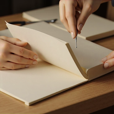 A close-up view of a bookbinding process, featuring a pair of hands with slightly aged skin and short nails. The hands are skillfully holding a needle threaded with strong twine, poised above a stack of unbound pages. The pages are thick and textured, with a slight sheen indicating quality paper. In the background, there is a wooden workbench with tools such as an awl and scissors, neatly arranged. The focus is on the intricate stitching technique as the needle passes through the pages, creating precise, evenly spaced holes. Soft, warm lighting highlights the texture of the paper and the dexterity of the hands.