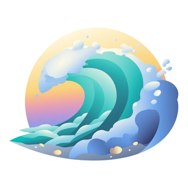 A large, dynamic wave is crashing forward, composed of swirling, vibrant colors including deep blues, bright aquamarines, and hints of white foamy splashes. The wave features abstract shapes that mimic the movement and power of the water, creating a sense of energy and motion. In the background, a gradient transition of colors represents the sky, shifting from a warm golden hue near the horizon to cooler purples and blues at the top. The lower part of the image includes stylized impressions of the ocean floor with fragments of sand and small rocks, subtly integrated into the scene.