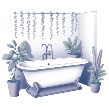 A bathtub surrounded by various potted plants and hanging vines in a botanical sanctuary