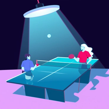 A vibrant table tennis game taking place under a bright spotlight in an otherwise dark room. Two players, one with short black hair wearing a blue sports jersey and the other with long blonde hair dressed in a red sports jersey, are intensely focused on the game. The table is a sleek, high-tech design with a glossy surface reflecting the light. The ping pong ball is in mid-air, positioned just above the net, creating a sense of action. Shadows of the players stretch across the floor, adding depth to the scene. The dark room contrasts sharply with the illumination from the spotlight, highlighting the energy and excitement of the match.
