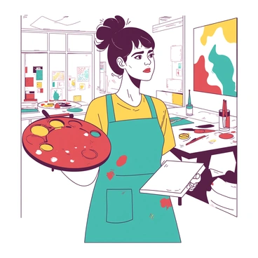 An art student with dark hair tied back in a messy bun is standing in a brightly lit studio, looking puzzled. In her left hand, she is holding a vibrant red palette dotted with various paint colors. In her right hand, she clutches a sketchpad filled with blank pages. The studio is adorned with colorful paintings and art supplies scattered across the tables, creating a creative atmosphere. The student is wearing a teal apron splattered with paint, and her expression shows a deep contemplation as she weighs her options.