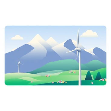 A wide panoramic view showcases majestic mountains with snow-capped peaks in the background. In the foreground, a tall white wind turbine stands prominently, its blades turning in the gentle breeze. The sky above is a clear blue with a few fluffy white clouds scattered about. The mountains are surrounded by lush green valleys dotted with patches of colorful wildflowers, adding vibrancy to the serene landscape.