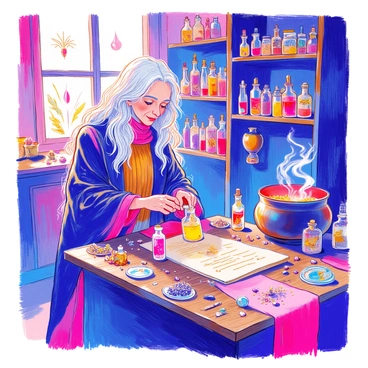 An elderly witch with long silver hair is standing at a wooden table in a cluttered, ancient-looking apothecary. She is wearing a long dark robe adorned with various herbs and charms. In her hands, she is carefully mixing colorful potions in glass vials, each with unique shapes and sizes. The table is covered with scattered parchment, dried herbs, and an assortment of mystical ingredients. Behind her, shelves filled with jars and bottles line the walls, their contents glowing faintly. A large cauldron simmers in the corner, emitting wisps of smoke that curl into the air. The atmosphere is filled with a sense of magic and wisdom.