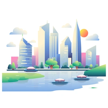 A futuristic city skyline features tall skyscrapers with sleek, metallic surfaces reflecting sunlight. The buildings have unique geometric shapes, some with curved edges and others with sharp angles. In the foreground, a wide river flows, reflecting the skyline, while several hovercrafts glide above the water. The sky is filled with scattered clouds and hints of a colorful sunset, casting a warm glow across the scene. Green spaces with trees and gardens are interspersed among the buildings, adding a touch of nature to the urban landscape.