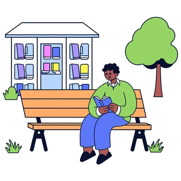 A person sitting on a wooden park bench, engrossed in reading a book. The individual has short, dark hair and wears a casual green shirt. In the background, there is a librairie with large glass windows, showcasing colorful book covers. The park setting includes green grass and a few trees gently swaying in the breeze, creating a peaceful atmosphere.