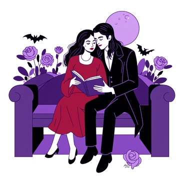 A gothic couple is sitting closely together on a dark stone bench in a moonlit garden. The man has long black hair and is wearing a fitted black coat, while the woman has flowing dark hair and is dressed in a deep red dress. They are both holding an open book, engrossed in their reading. Surrounding them are dark flowers with deep purple petals, and various night creatures like small owls and bats can be seen perched nearby. The soft glow of the moonlight highlights the couple’s features and the intricate details of the garden.