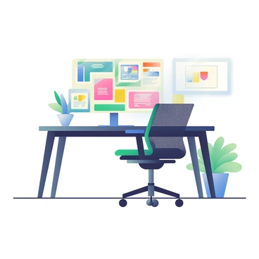 A workspace with a holographic computer screen displaying various design projects