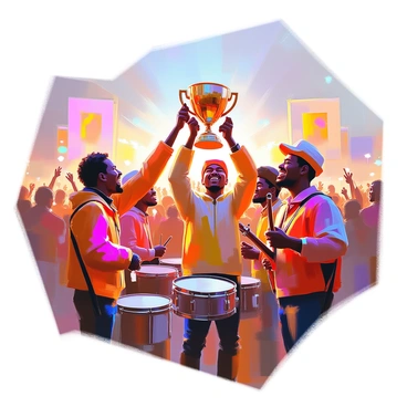 A diverse band of musicians stands together, each member wearing colorful outfits that reflect their unique styles. They are gathered around a large, shiny trophy that one member is holding high above their head. The backdrop is filled with an excited crowd, with various festival banners and lights illuminating the scene. The sky is transitioning to twilight, casting a warm glow over the festival atmosphere. Each musician is smiling, clearly ecstatic about their achievement, with instruments like guitars and drums visible amongst them.