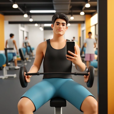 A gym-goer, wearing a black tank top and blue athletic shorts, is taking a selfie in the mirror. The individual has a focused expression on their face, showcasing determination. They are seated on a seated row machine, with the cable attached to the handle in their hands. The gym is filled with various exercise equipment, and in the background, other gym-goers can be seen. Warm lights illuminate the space, creating a vibrant atmosphere. The mirror reflects the gym-goer’s posture and the machine.