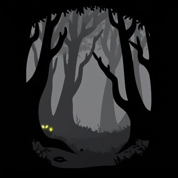 A dark forest filled with twisted, gnarled trees that have irregular branches. The ground is covered in a thick layer of mist, adding to the ominous atmosphere. Glowing eyes of various colors, such as green and yellow, peer out from the shadows between the trees. The sky above is overcast, creating a dim light that filters through the dense canopy of leaves. Small patches of dark earth are visible, scattered among the roots and underbrush.