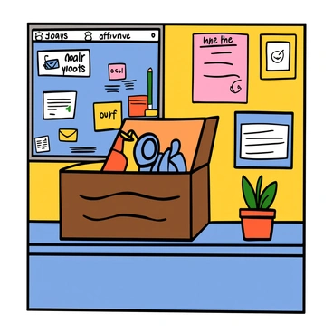 A colorful cartable with a cartoon character design is sitting in a wooden lost and found box at a school's front office. The box is open, showcasing various items, including a pair of blue shoes and a red water bottle. In the background, there are bulletin boards filled with colorful posters and notices, and a bright yellow wall adds a cheerful atmosphere. A small potted plant sits on the desk next to the box, adding a touch of greenery to the scene.