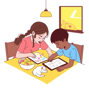 Two siblings are sitting at a yellow kitchen table, working collaboratively on their homework. The older sibling, a girl with braided brown hair, is leaning over a notebook filled with colorful doodles, pointing out something important to her younger brother. The boy, with short black hair, is focused on a tablet in front of him, which displays a math app. The kitchen is warm and inviting, with a white bowl of fresh fruit on the table and a soft yellow light illuminating the scene from a hanging lamp above. A small white cat is resting at their feet, adding to the cozy atmosphere.
