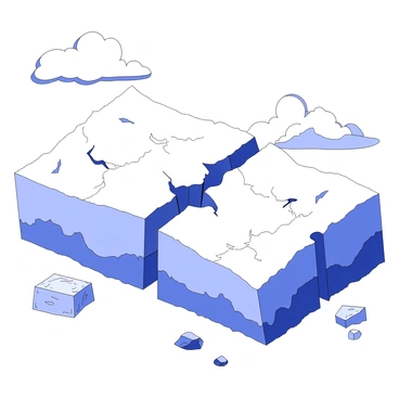 Two tectonic plates are depicted sliding past each other along a strike-slip fault. The plates show jagged edges, with visible signs of stress and displacement along the fault line. Cracks and fractures are present, illustrating the tension in the earth's crust. The surrounding landscape features rocky terrain, with loose boulders scattered near the fault line. The sky above is filled with clouds, adding a dramatic backdrop to the geological event.