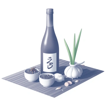 An arrangement showcasing a bottle of sake placed upright on a wooden table. Surrounding the sake are small bowls filled with various spices, including peppercorns, star anise, and sea salt. Fresh ingredients such as sliced green onions and garlic cloves are scattered around the display. The scene is complemented by a textured cloth beneath the arrangement, adding depth to the composition.