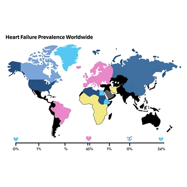 A chart showcasing "global statistics on heart failure prevalence." The chart features a world map with different countries shaded in various colors, representing different levels of heart failure prevalence. In the top left corner, there is a title that reads "Heart Failure Prevalence Worldwide." Along the bottom, there are labeled axes indicating the percentage of the population affected, with numerical values ranging from 0% to 15%. In the bottom right corner, there are small icons representing key statistics, such as a heart symbol and a percentage sign. Each color on the map corresponds to a legend that explains the prevalence rates.