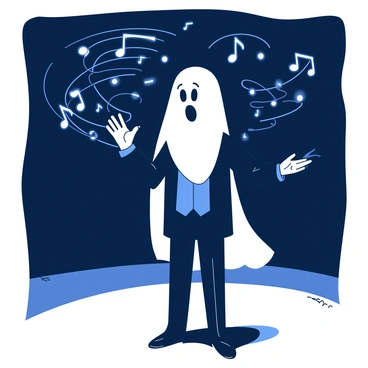 A white ghost wearing a formal black conductor's suit is standing on a stage, holding a conductor's baton in its translucent hand. Around the ghost, there are floating, glowing musical notes in various sizes, emanating a soft light. The ghost's eyes are bright, and it appears focused as it gestures gracefully to lead the invisible orchestra. The background features a dark, shadowy setting, enhancing the glowing effect of the musical notes spiraling in harmony around the ghost.