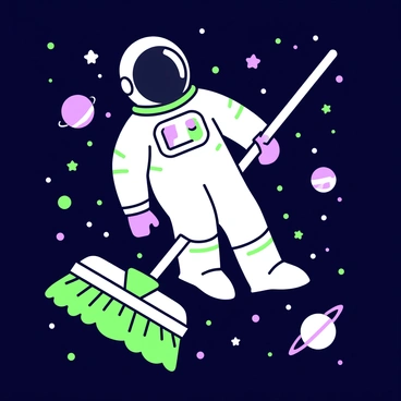 A mop floating in outer space, wearing an astronaut suit, surrounded by stars