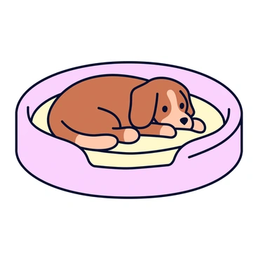 A dackel with brown and tan fur is curled up in a round, cozy dog bed. The bed has soft, plush sides that are slightly raised, providing a snug environment. The dackel's eyes are closed, and its body is relaxed, with its paws tucked close to its body. The bedding inside is a light cream color, contrasting with the dackel's fur. Surrounding the dog bed is a subtle hint of a warm, inviting room.