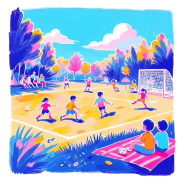 A dynamic scene depicts several children playing soccer on a sunlit field. The children are of various ages and ethnicities, wearing colorful jerseys and shorts. One child is skillfully dribbling the soccer ball across the grass, while another child is preparing to kick the ball. A third child is in the goal, getting ready to make a save. The bright blue sky is dotted with a few fluffy white clouds. Nearby, a group of spectators, including parents and friends, cheer them on while sitting on a picnic blanket. In the background, tall trees provide shade around the edge of the field.