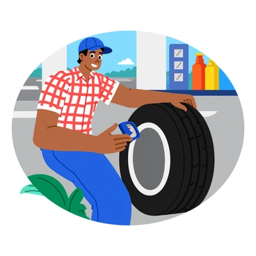 A close-up of a driver holding a tire pressure gauge, inspecting the pressure of a tire at a gas station. The driver is wearing a red and white checkered shirt and has short black hair visible under a blue cap. The tire is black with intricate tread patterns, resting against a concrete surface. In the background, there are colorful gas pumps and green foliage peeking through nearby, contributing to the vibrant atmosphere.