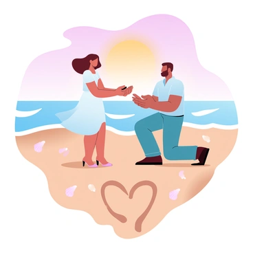 A couple is standing on a sandy beach during sunset. The man is down on one knee, holding an open ring box in front of the woman. She is wearing a flowing dress that moves gently with the breeze, while he is dressed in a casual shirt and trousers. The sky is filled with vibrant gradient pastel colors, transitioning from deep orange to soft pink as the sun sets on the horizon. In the foreground, there are delicate seashells scattered on the sand, and gentle waves are lapping at the shore. A large heart shape is formed by the footprints leading up to the couple, adding to the romantic atmosphere.